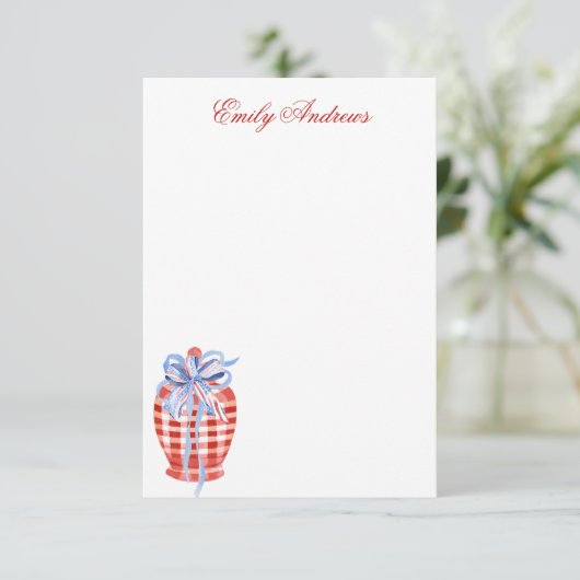 Waterverf Rood & Wit Gingham Bow Ginger Jar Bedankkaart (Staand voorkant)