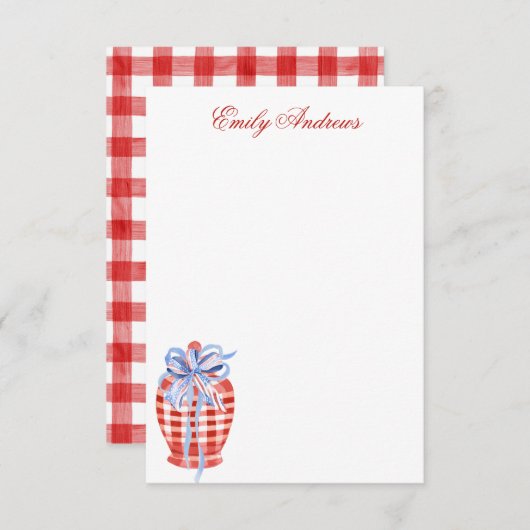Waterverf Rood & Wit Gingham Bow Ginger Jar Bedankkaart (Voorkant / Achterkant)
