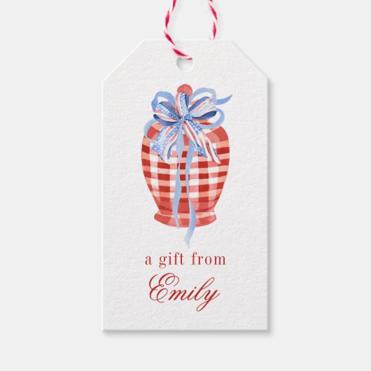 Waterverf Rood & Wit Gingham Bow Ginger Jar Cadeaulabel (Voorkant)