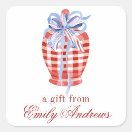 Waterverf Rood & Wit Gingham Bow Ginger Jar Vierkante Sticker