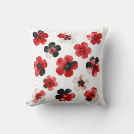 Waterverf Rood Zwart Wit Bloemmotief  Kussen