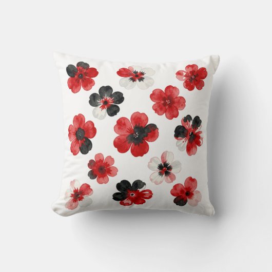 Waterverf Rood Zwart Wit Bloemmotief  Kussen (Voorkant)