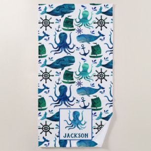 Waterverf roodbaars Octopus Patroon Kinder Nautisc Strandlaken
