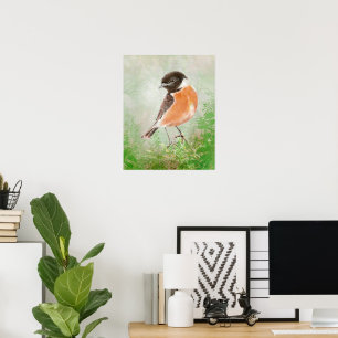 Waterverf Roodborsttapuit Vogel Natuur Kunst Poster