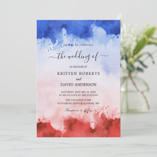 waterverf roodbruin en blauwe trouwuitnodiging kaart (Staand voorkant)
