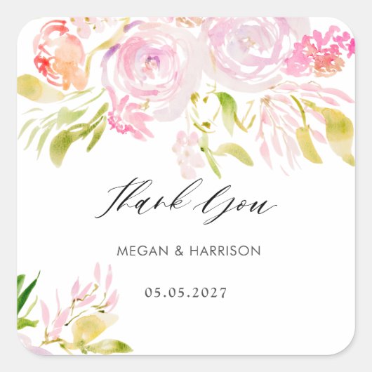 Waterverf roodroos bouquet Dank u Vierkante Sticker (Voorkant)