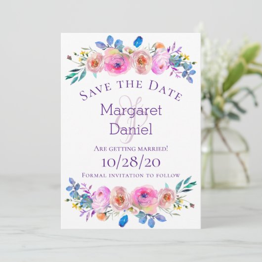 Waterverf roomroze roze Floral Save The Date (Staand voorkant)
