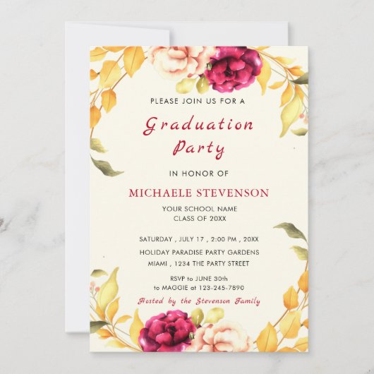 Waterverf Roos Afstuderen Uitnodiging Kaart (Voorkant)