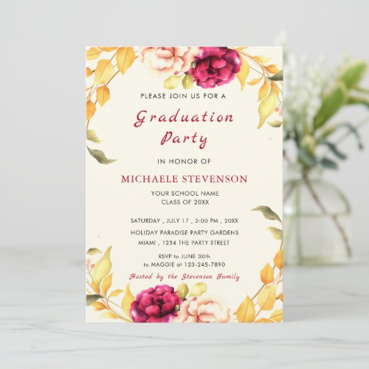 Waterverf Roos Afstuderen Uitnodiging Kaart (Staand voorkant)