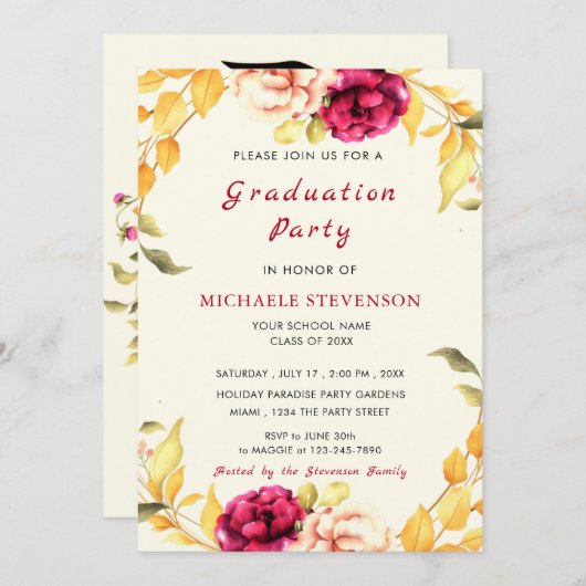 Waterverf Roos Afstuderen Uitnodiging Kaart (Voorkant / Achterkant)