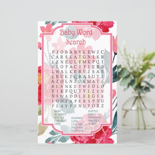 Waterverf roos Baby shower Word Search Game (Staand voorkant)