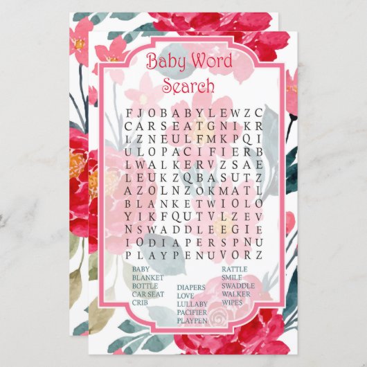 Waterverf roos Baby shower Word Search Game (Voorkant / Achterkant)