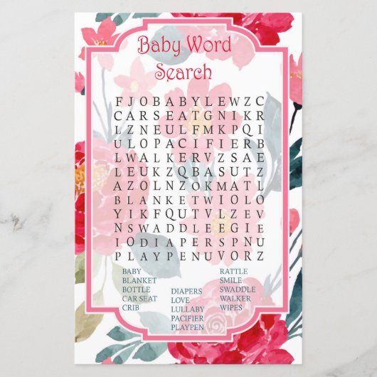 Waterverf roos Baby shower Word Search Game (Voorkant)