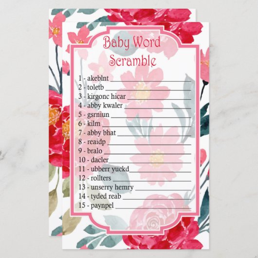 Waterverf roos Baby word scramble game (Voorkant / Achterkant)