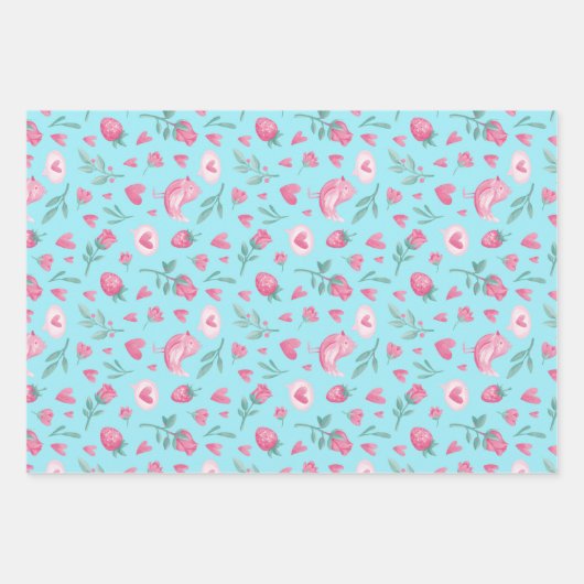 Waterverf Roos Bird Heart Pattern Valentijnsdag Inpakpapier Vel (Voorkant 2)
