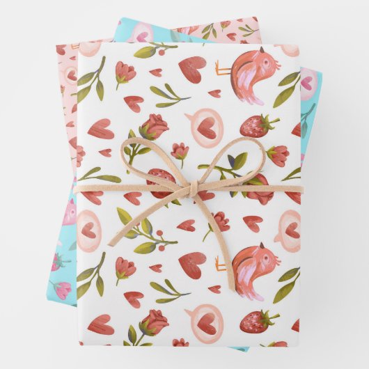 Waterverf Roos Bird Heart Pattern Valentijnsdag Inpakpapier Vel (In situ)