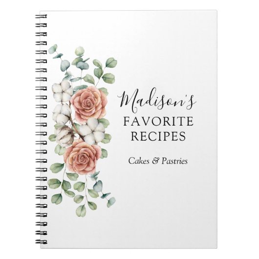 Waterverf Roos Bloem Eucalyptus Bladeren Recept Notitieboek (Voorkant)