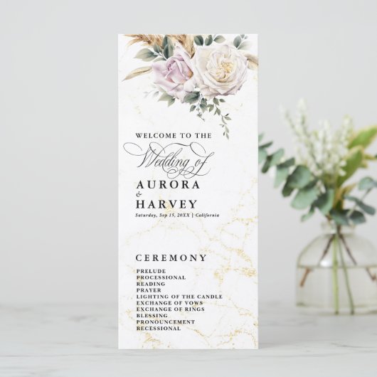 Waterverf Roos Bloemen Elegant Bruiloft Programma (Staand voorkant)