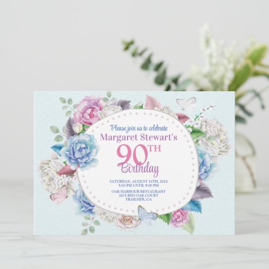 Waterverf Roos Bloemen Lijst 90ste Verjaardag Kaart (Staand voorkant)