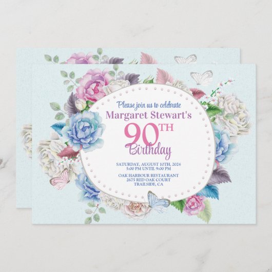 Waterverf Roos Bloemen Lijst 90ste Verjaardag Kaart (Voorkant / Achterkant)