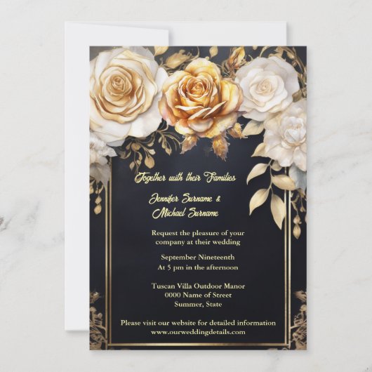 Waterverf roos Bloemen Zwart Goud Elegante bruilof Kaart (Voorkant)