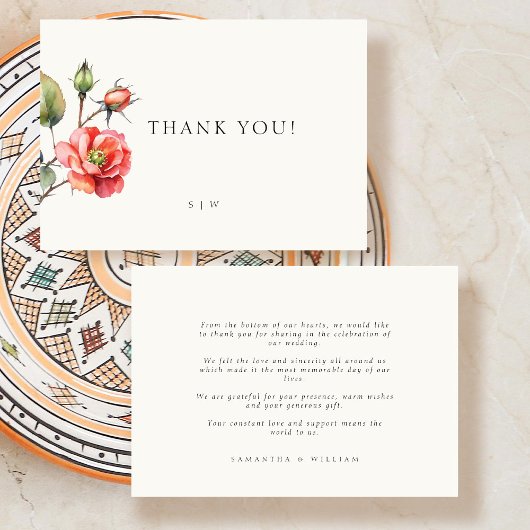 Waterverf Roos bloemenbruiloft Dank u kaart