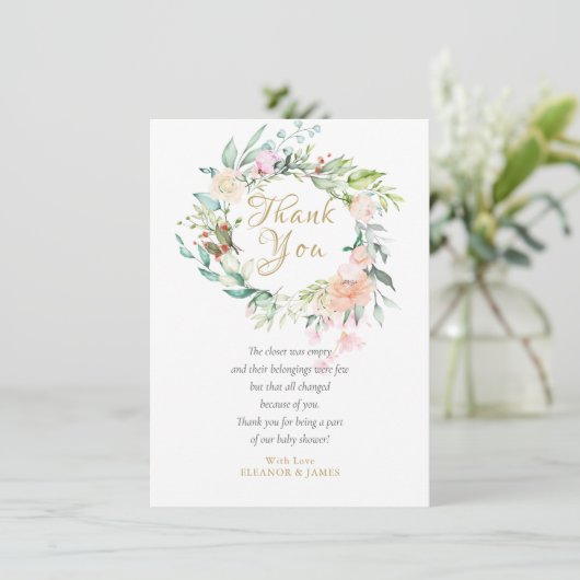 Waterverf Roos Bloemige Baby Shower Bedankbrief Ge Bedankkaart (Staand voorkant)