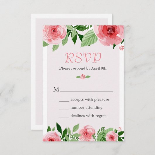 Waterverf Roos Bloemige Botanische RSVP Reactiekaa (Voorkant / Achterkant)