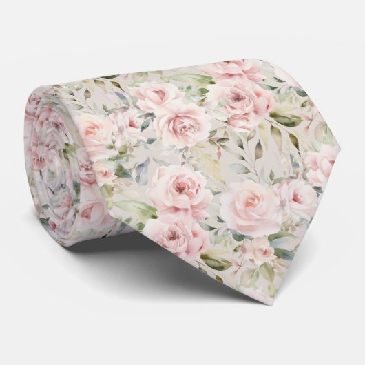 Waterverf Roos Bloemmotief in Blush Stropdas (Opgerold)