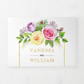 Waterverf roos boeket gouden lijnen bloemenbruilof drieluik uitnodiging (Cover)