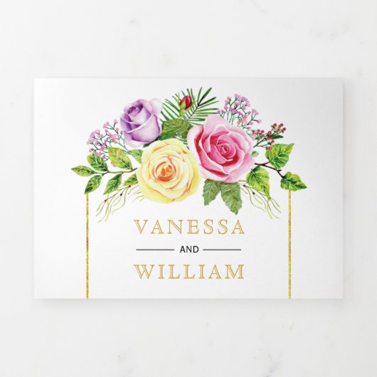 Waterverf roos boeket gouden lijnen bloemenbruilof drieluik uitnodiging (Cover)