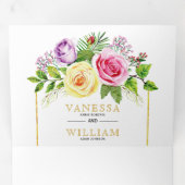 Waterverf roos boeket gouden lijnen bloemenbruilof drieluik uitnodiging (Binnenzijde eerst)