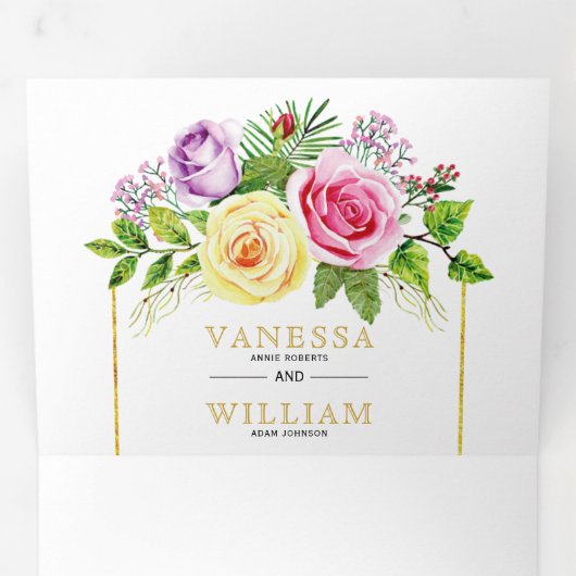 Waterverf roos boeket gouden lijnen bloemenbruilof drieluik uitnodiging (Binnenzijde eerst)
