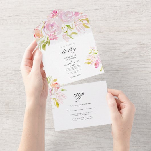Waterverf Roos Boho Bouquet Wedding Invitation All In One Uitnodiging (Afscheurbaar)