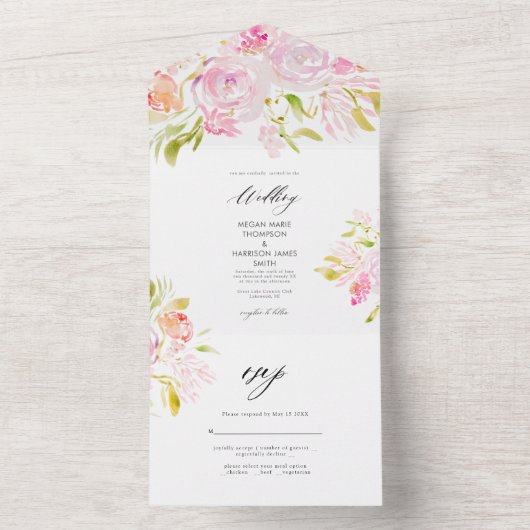 Waterverf Roos Boho Bouquet Wedding Invitation All In One Uitnodiging (Binnen)