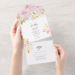 Waterverf Roos Boho Bouquet Wedding Invitation All In One Uitnodiging