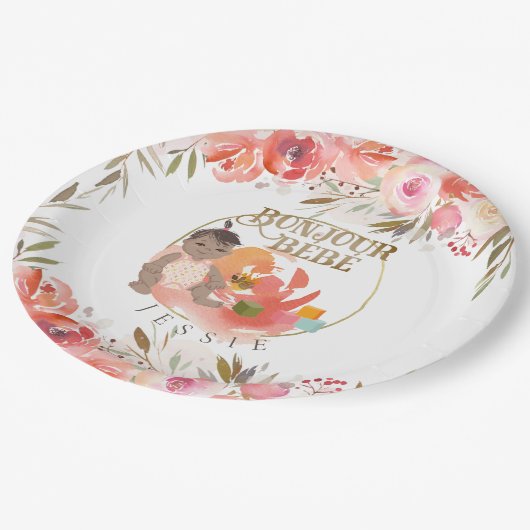 Waterverf Roos Bonjour Girl Baby Papieren Bordje (Gekanteld)