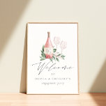 Waterverf Roos Botanische gebeurtenis Welkomstteke Poster<br><div class="desc">Deze elegante wijn die het bord smaakt, is de perfecte manier om gasten bij je vrijgezellenfeest, verlovingsfeest, bruiloft of repetitief diner te verwelkomen dat in een wijnmachine, een proeftuin of wijngaard wordt gehost. Het ontwerp is voorzien van een flesje roos wijn en twee wijnglazen en van groene waterverf eucalyptusbladeren en...</div>