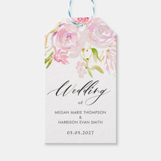 Waterverf roos bouquet Dank u Cadeaulabel (Voorkant)