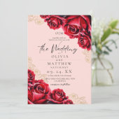 Waterverf Roos bruiloft rood goud Kaart (Staand voorkant)