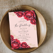 Waterverf Roos bruiloft rood goud Kaart