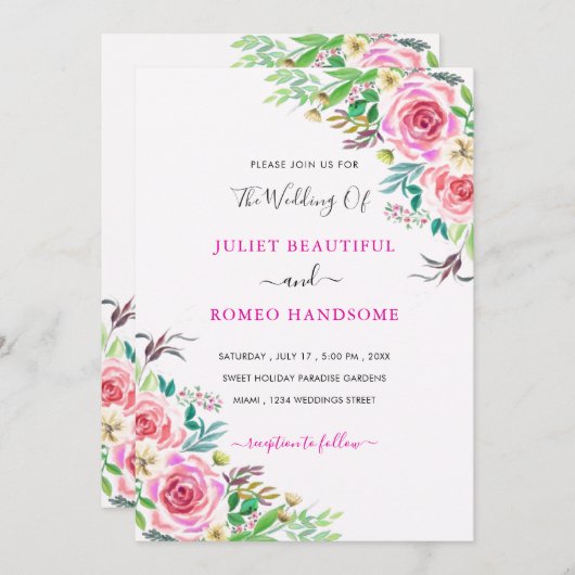 Waterverf Roos bruiloft uitnodiging Sjabloon (Voorkant / Achterkant)