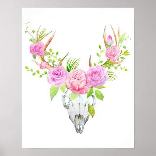Waterverf Roos Der Skull Art afdrukken Poster (Voorkant)