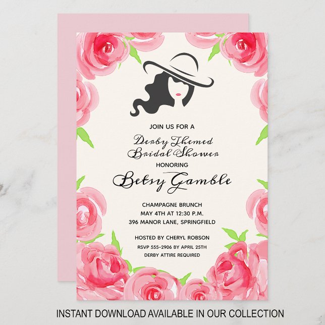 Waterverf Roos Derby Bridal Shower Invitations (INSTANT DOWNLOAD available in our collection to send your invitations digitally.)