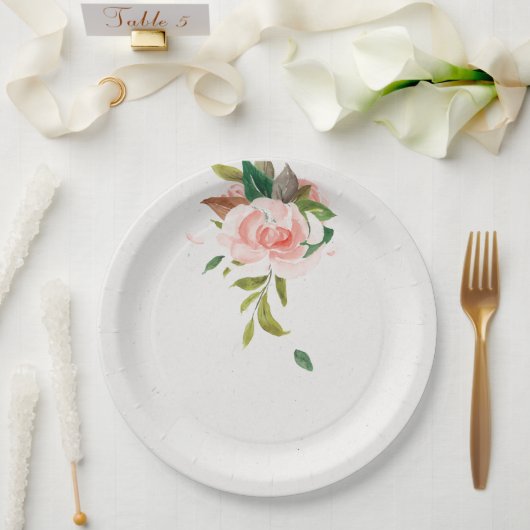 Waterverf roos en bruiloft met gebladerte papieren bordje (Huwelijk)