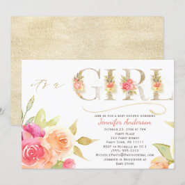 Waterverf Roos en Gold Baby Girl Shower Kaart