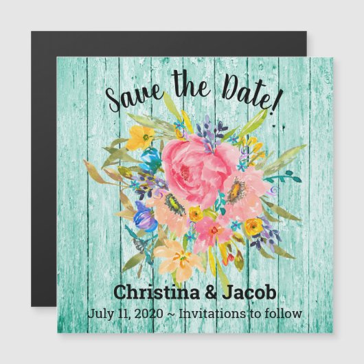 Waterverf Roos Floral Bouquet Aqua Save the Date (Voorkant / Achterkant)