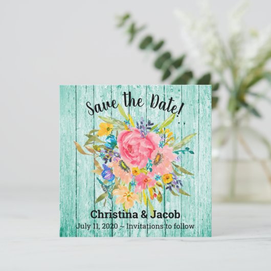 Waterverf Roos Floral Bouquet Aqua Save the Date Feestdagenkaart (Staand voorkant)