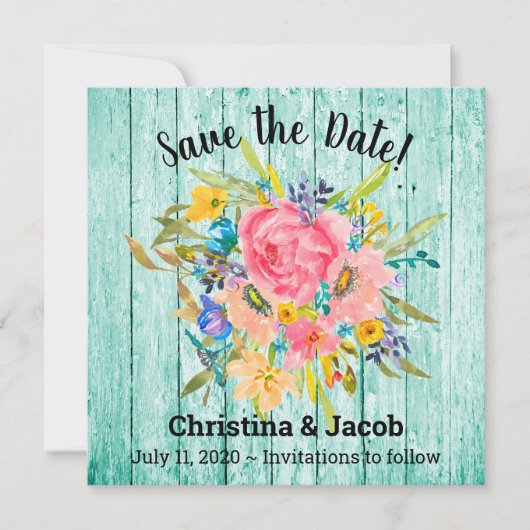 Waterverf Roos Floral Bouquet Aqua Save the Date Feestdagenkaart (Voorkant)