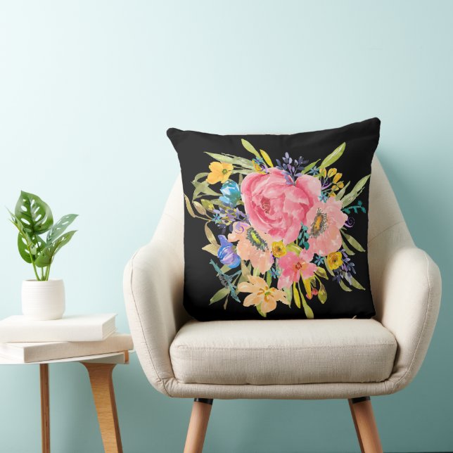 Waterverf Roos Floral Bouquet Kussen (Stoel)